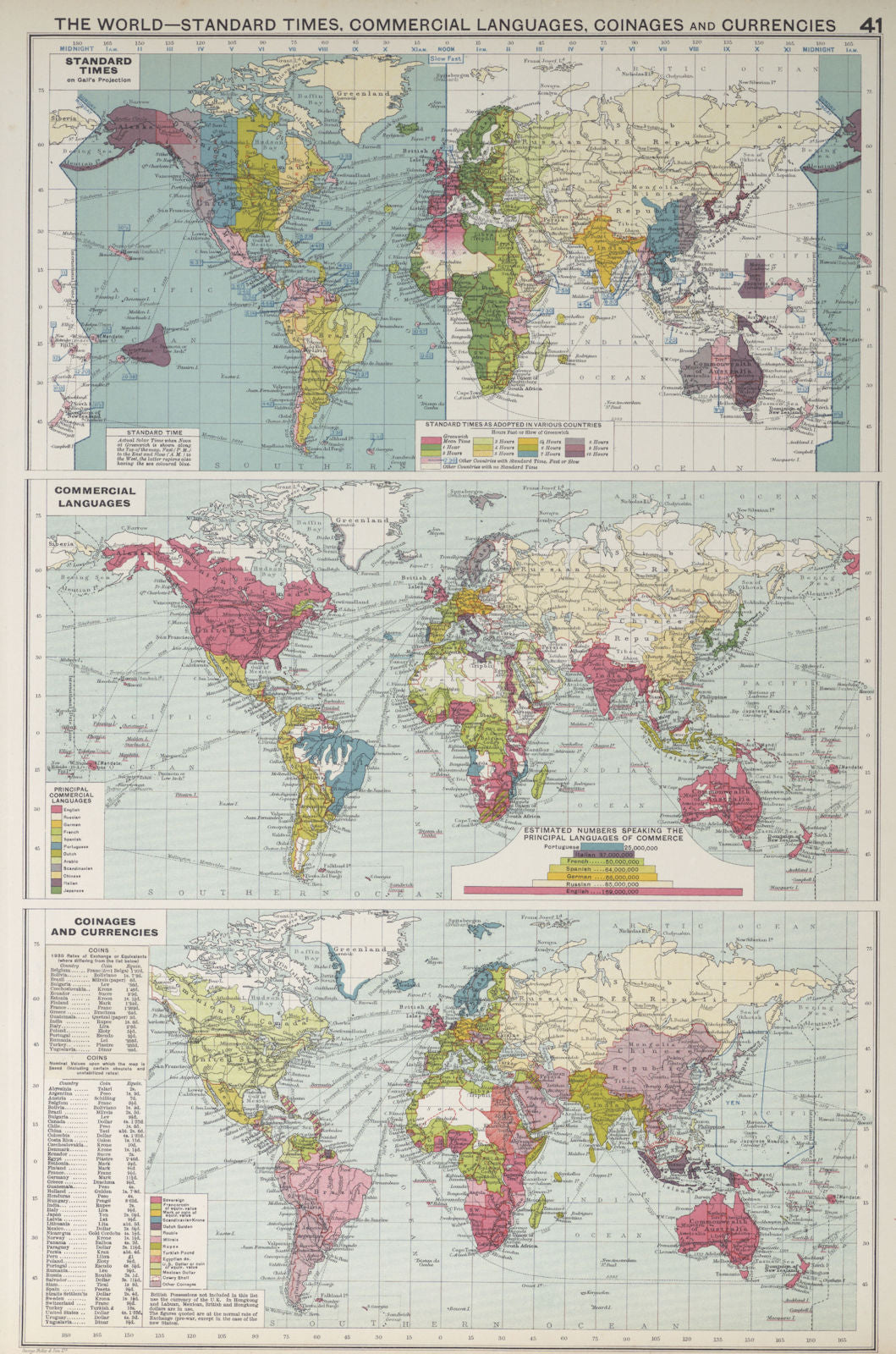 World Standard Times, Commercial languages, coinages & currencies 1927 old map
